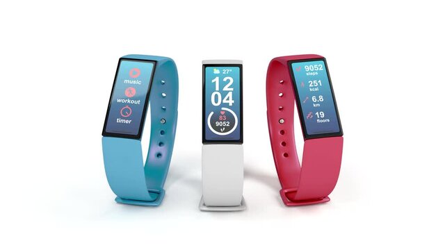 Three smartwatches with different colors on white background