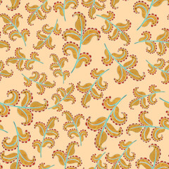 Obraz premium Watercolor seamless pattern with folky flowers and leaves in ethnic style. Floral decoration. Traditional paisley pattern. Textile design texture.Tribal ethnic vintage seamless pattern. 