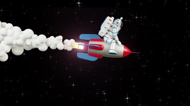 3D Astronaut riding a rocket in starry space. Spaceman cowboy straddled the rocket. 3D Looped animation with alpha channel.
