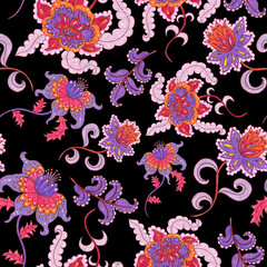 Watercolor seamless pattern with folky flowers and leaves in ethnic style. Floral decoration. Traditional paisley pattern. Textile design texture.Tribal ethnic vintage seamless pattern.	