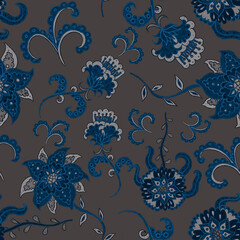 Watercolor seamless pattern with folky flowers and leaves in ethnic style. Floral decoration. Traditional paisley pattern. Textile design texture.Tribal ethnic vintage seamless pattern.	