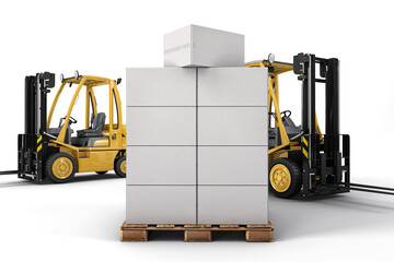Cardboard boxes on a wooden pallet with forklifts mockup. 3d rendering