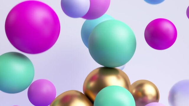 3d animation 4K. Abstract background with colorful balls falling down and jumping. Festive pink blue gold balloons
