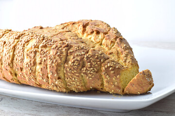 Chia bread, rich in omega three, healthy, beneficial for our body and characteristic of its yellow color and spongy texture.