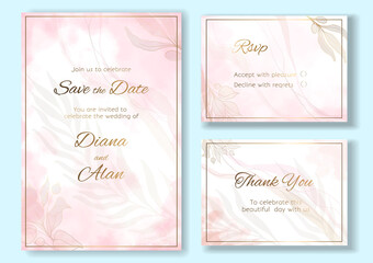 Wedding floral invitation watercolor and pastel. Save the date, thanks. RSVP card design. Golden delicate pink flowers. Set of vector art templates