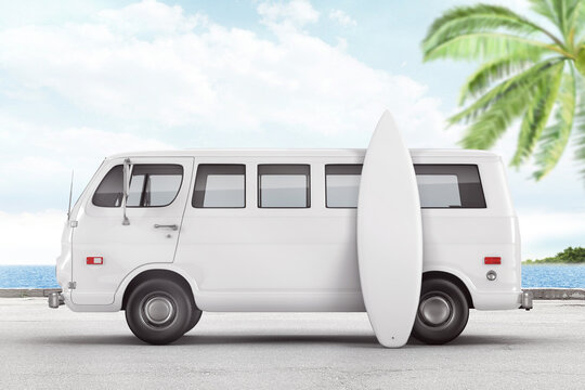 Retro van with surfboard branding mockup. 3d rendering
