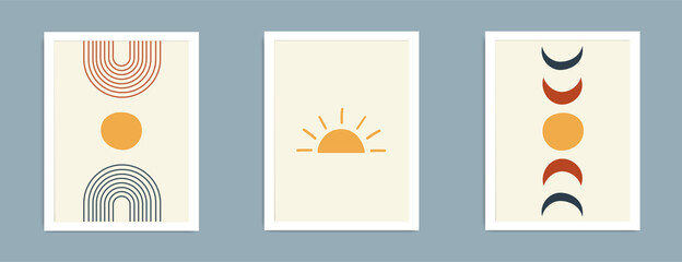 Abstract sun moon poster set. Contemporary minimalist backgrounds modern boho style. Mid century wall decor, vector art