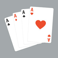 Set of four aces playing cards suits. Winning poker hand. Set of hearts, spades, clubs and diamonds ace. Vector illustration.