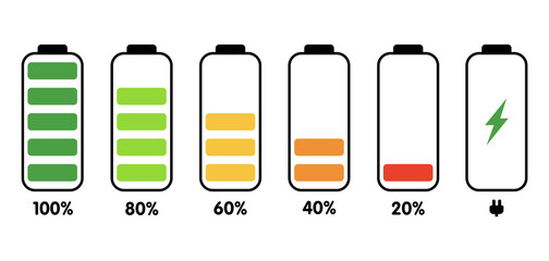 Battery indicator icons. Set of colored icons of batteries with different levels of charge isolated on a light background. Vector