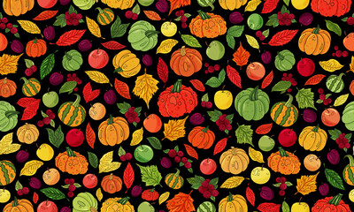 Thanksgiving pattern. Hand drawn pumpkins on black background. Thanksgiving pumpkins, leaves fall, fruits, berries. Thanksgiving print. Autumn leaves fall backdrop. Textile, fabric texture.

