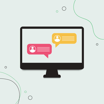 Chat messages on computer online vector illustration, flat cartoon workspace or working desk laptop pc with chatting bubble notifications, concept of people messaging on internet image.