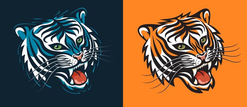 Half-turn tiger head growls - logo style. Black water tigress. Vector illustration.