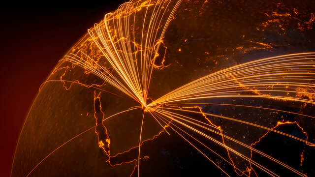 Futuristic Neon Map. Orange Lines connect Doha, Qatar with Cities across the Globe. Global Travel or Networking Concept.