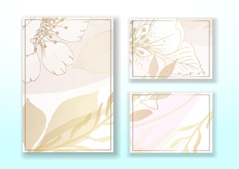 Set wedding floral invitations watercolor and pastel. Golden pale beige flowers and branches. Set vector art templates.