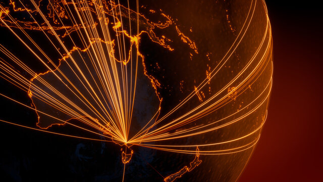 Futuristic Neon Map. Orange Lines connect Melbourne, Australia with Cities across the Planet. Worldwide Travel or Networking Concept.