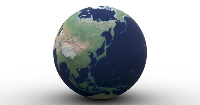 Raised relief globe drops into frame, rolls toward camera and highlights Japan and Korea. Two versions. In-file luma matte allows you to easily recolor the infinite background. Data: NASA 