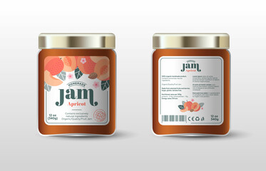 Apricot jam. Label for jar and packaging. Whole and cut fruits, peach seeds, leaves and flowers, text, sugar free icon.