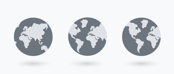 Earth globe icon set. Earth hemispheres with continents. Realistic world map in globe shape. Vector Illustration.