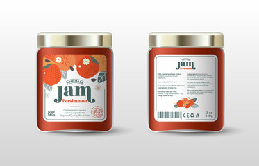 Persimmon jam. Label for jar and packaging. Whole and cut fruits, leaves and flowers, text, sugar free icon. - obrazy, fototapety, plakaty