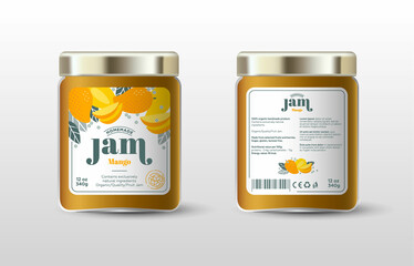 Mango jam. Label for jar and packaging. Whole and cut fruits, leaves and flowers, text, sugar free icon.