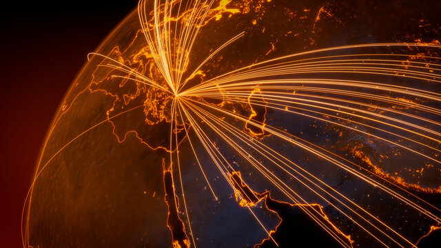 Futuristic Neon Map. Orange Lines connect Istanbul, Turkey with Cities across the World. Global Travel or Business Concept.