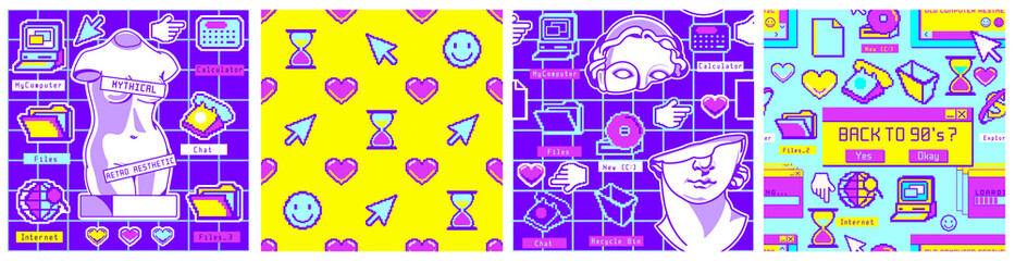 Seamless patterns and square posters set .Old computer illustration in trendy vapor wave style. Wallpaper for social network, banners, for promotion.Pack of retro computer elements. Nostalgia for 90's - obrazy, fototapety, plakaty