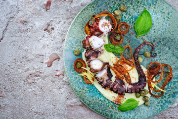 Modern style Italian polpo alla griglia su crema di patate with barbecued octopus, potato creme and fried chili onion rings as top view on a Nordic design plate with copy space left