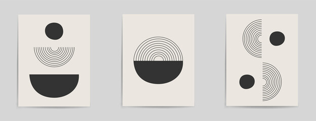 Abstract geometric line poster set. Mid century art print for wall decor minimalist vintage painting 50s style. Vector postcard illustration.