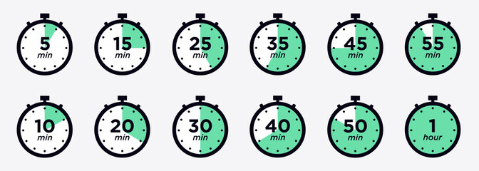 Timer, clock, stopwatch isolated set icons. Label cooking time. Vector illustration. - obrazy, fototapety, plakaty