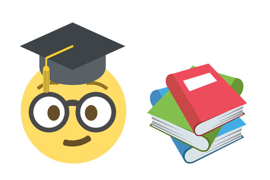 Nerd Face Emoji With Graduation Cap And Books On White Background,vector Illustration