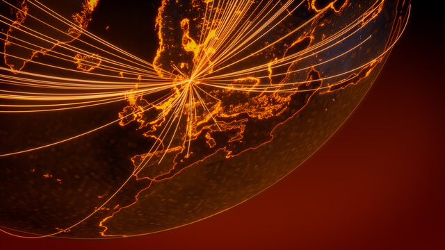 Futuristic Neon Map. Orange Lines connect Copenhagen, Denmark with Cities across the Planet. Global Travel or Networking Concept.