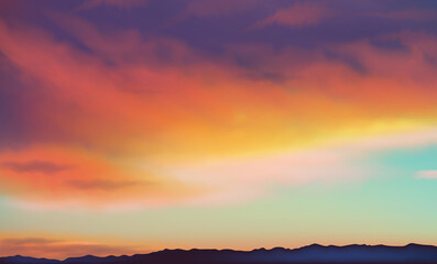 Horizontal wide sunset clouds mountain landscape blurred background, vector