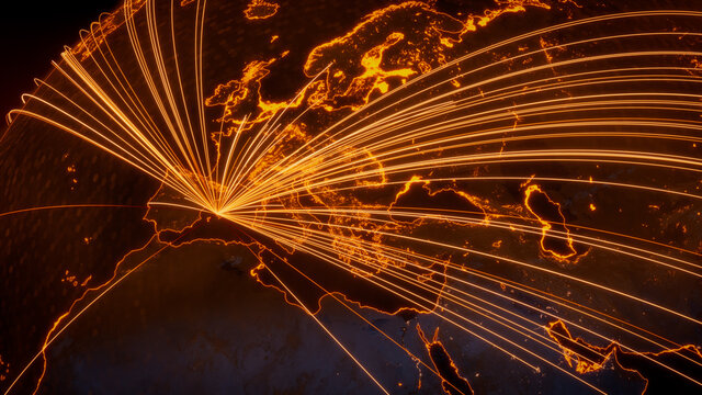Futuristic Neon Map. Orange Lines connect Palma De Mallorca, Spain with Cities across the Globe. Worldwide Travel or Communication Concept.