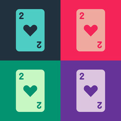 Pop art Playing card with heart symbol icon isolated on color background. Casino gambling. Vector
