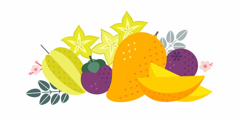 Tropical exotic fruits. Flat illustration. Starfruit, mangosteen and mango. Whole and cut fruits, leaves and flowers.