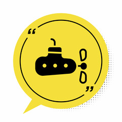 Black Submarine icon isolated on white background. Military ship. Yellow speech bubble symbol. Vector