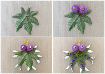 Master class, step by step how to make an octopus from leaves and flowers, kids craft