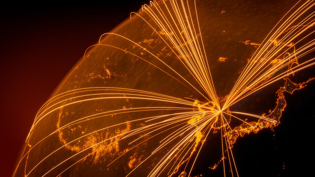 Futuristic Neon Map. Orange Lines connect Seoul South, Korea with Cities across the Planet. Worldwide Travel or Communication Concept.