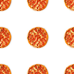 Seamless pizza pattern isolated on white background. Top view on paperoni pizza food background