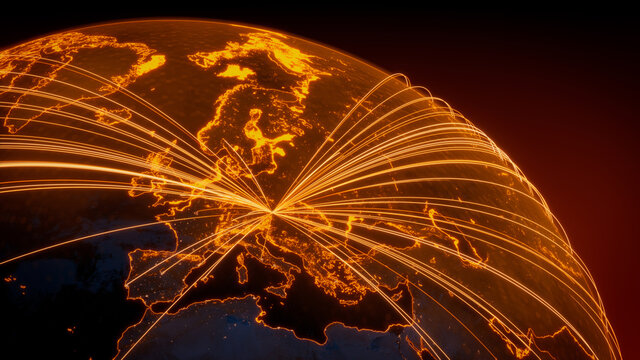 Futuristic Neon Map. Orange Lines connect Vienna, Austria with Cities across the World. International Travel or Networking Concept.
