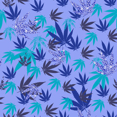 Cannabis green color seamless pattern on green background. Blue Glitter texture, repeating pattern design. Attrition texture.