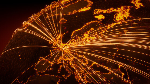 Futuristic Neon Map. Orange Lines connect Brussels, Belgium with Cities across the Planet. Global Travel or Networking Concept.