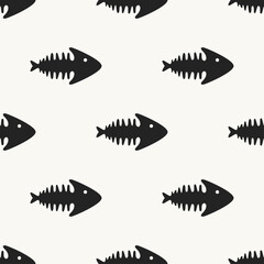 Fish skeleton icon, seamless pattern on white background. Fish bone cartoon seamless background. Vector
