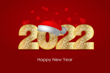 Happy New Year 2022. Golden number with Santa hat on red background. Template for New Year design. Vector illustration