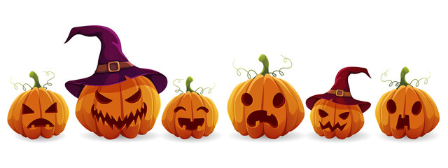 Happy Halloween. Halloween pumpkins.  Orange pumpkins on white background. Halloween pumpkin and smiling scary faces with creepy teeth vector illustration. Isolated. Vector illustration.