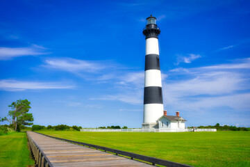 A beautiful summer of the lighthouse at Bodie Island on the Outer Banks in North Carolina. Dreamy...