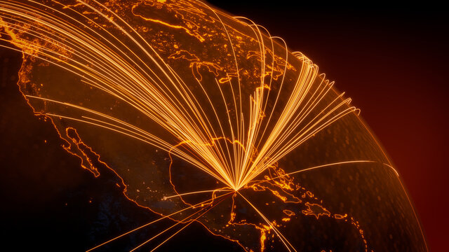 Futuristic Neon Map. Orange Lines connect Cancun, Mexico with Cities across the Planet. Global Travel or Networking Concept.
