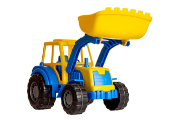 Toy tractor lift with bucket, bulldozer, isolated on a white background, big toy for boys, sandbox...