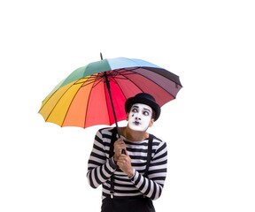 Mime with umbrella isolated on white background