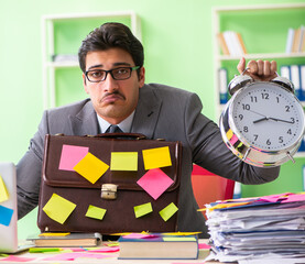 Businessman unhappy with many conflicting priorities sitting in